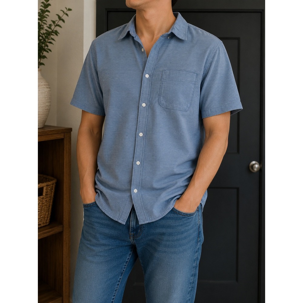 The North Face Mens Large Blue White Striped Short Sleeve Button Down Shirt L/G